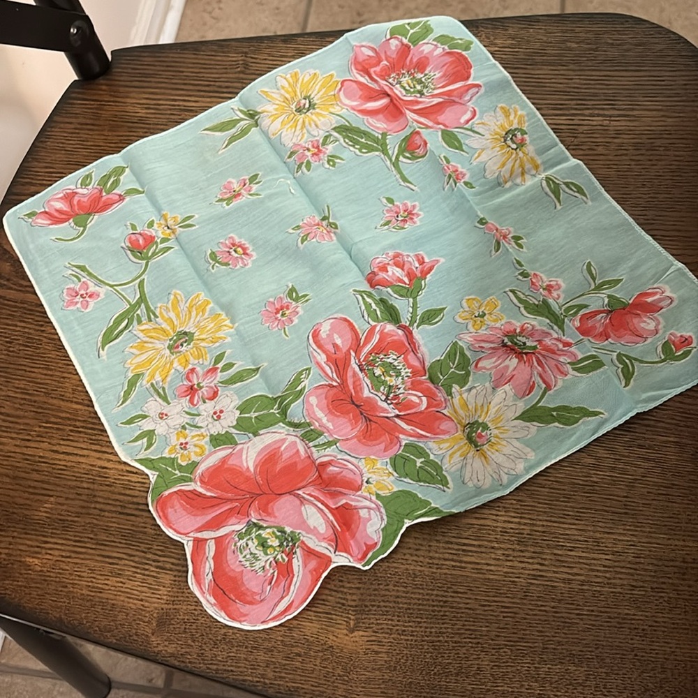 Vintage Aqua Handkerchief with pink and yellow florals - Picture 3 of 3